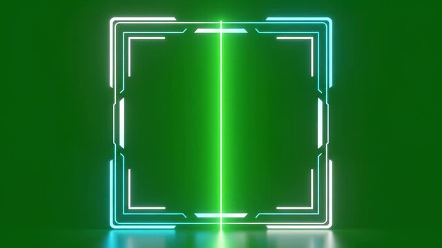 Futuristic square target neon frame glowing border digital interface green background sci fi cyber concept virtual screen abstract light technology modern minimal art geometry glowing edge tech design