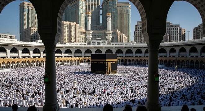 Pilgrims performing Tawaf around Kaaba in Mecca, Saudi Arabia, during Hajj, religious tourism