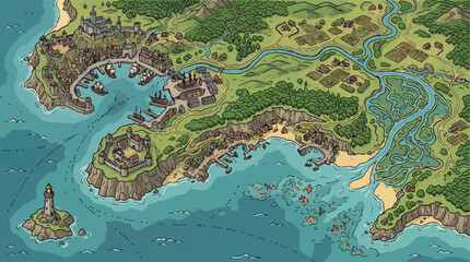 Fototapeta premium Fantasy world map vector, medieval coastal town with harbor, hand-drawn adventure game landscape