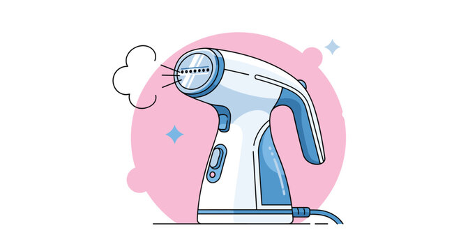 Handheld garment steamer device emitting white steam against a pink circular background for clothing care and maintenance.