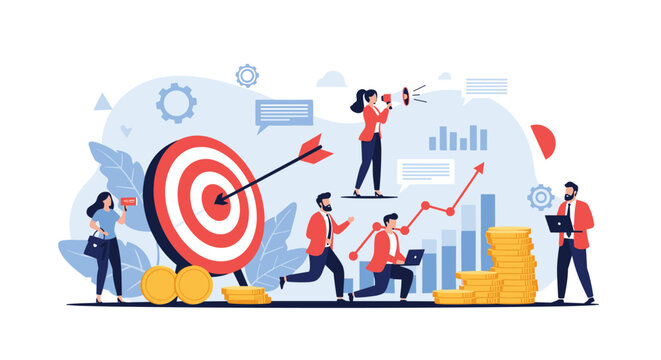 Diverse group of business professionals working together to achieve a target goal with financial growth charts and teamwork.