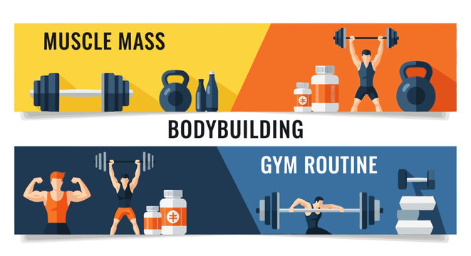 Fitness Banners Illustrating Muscle Building Weightlifting Exercises and Supplements for Gym Workouts and Healthy Lifestyles