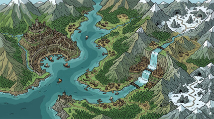 Fototapeta premium Fantasy world map illustration, medieval kingdom landscape, hand drawn game background vector