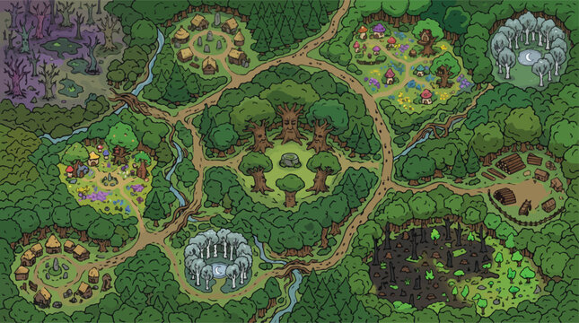 Fantasy world map vector, enchanted forest game level design, magical woodland village landscape