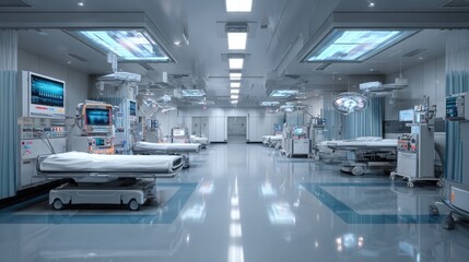 Obraz premium Clean hospital emergency room interior, advanced equipment, no people