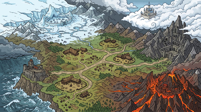 Fantasy world map vector, medieval rpg landscape with volcano and ice, hand drawn gaming map