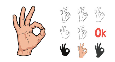 Fototapeta premium Collection of OK hand gesture icons in various styles including line art, flat color, and solid black silhouette.