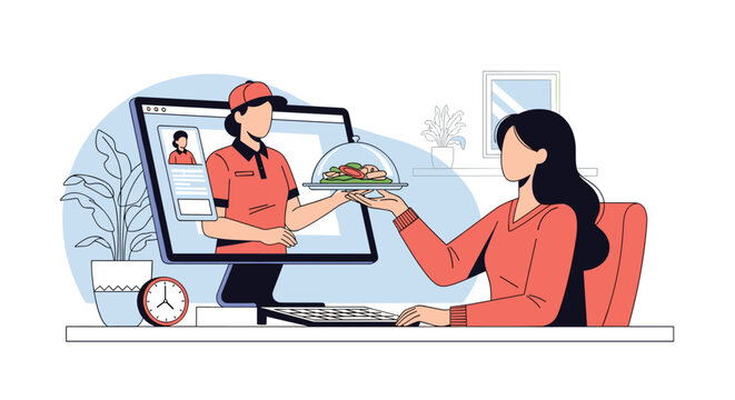 Online food delivery concept showing a woman receiving a meal from a delivery professional on a computer monitor.