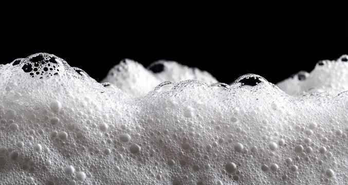 Foamy soap bubbles forming on black background surface