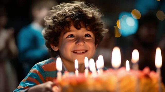 Experience the delight of a child blowing out birthday candles. This video brings joy and smiles, perfect for celebration themes. Enjoy the magic of childhood. AI