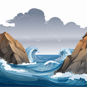 Eine dramatische, zerkl&uuml;ftete K&uuml;stenlandschaft mit rauen Felsen, gegen die gewaltige Wellen donnern. 