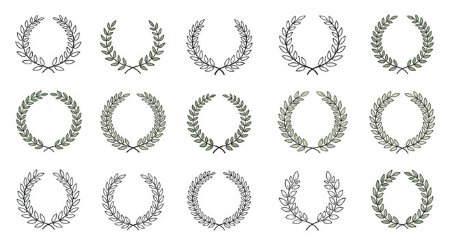 Elegant collection of fifteen different laurel wreaths and leaf borders in various styles and shades of green and black.