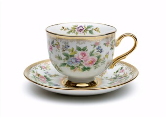 Fototapeta premium Porcelain teacup and saucer with floral pattern on white