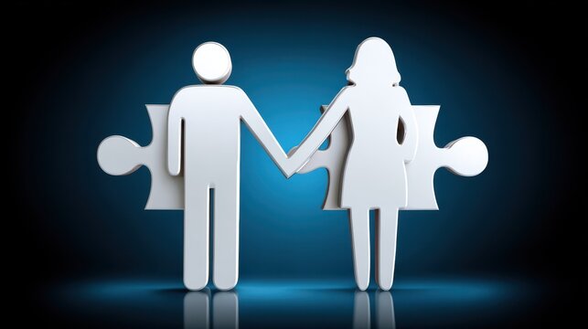A symbolic representation of a couple holding hands, depicted as puzzle pieces fitting together against a dark blue background.