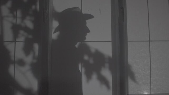 Silhouette of a man in a hat standing outside the window against the background of the Night moonlight and the shadow of swaying tree branches