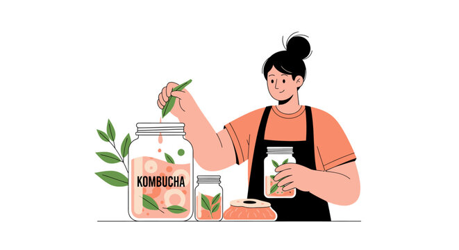A person preparing homemade kombucha in glass jars. EPS Editable. Vector Illustrations.