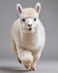 Fototapeta premium Charming White Animal with Soft Fur Walking Towards Camera with Grey Background
