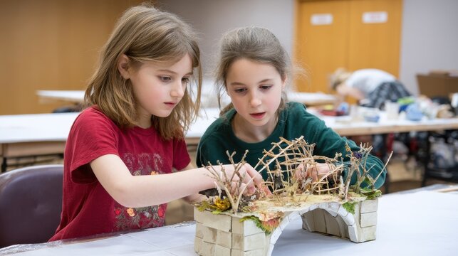 Two young girls collaborate on a creative project, building a model with twigs and natural materials in a bright, indoor setting.