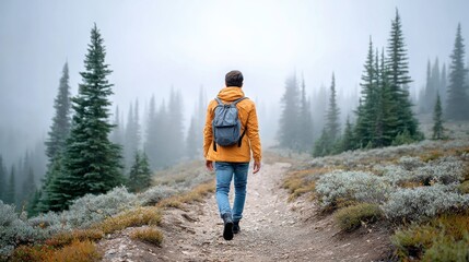 Obraz premium A solitary figure walks along a misty trail, surrounded by tall evergreen trees and lush greenery, evoking a sense of adventure and tranquility.