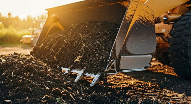 Tractor with front end loader lifting dirt during sunset. Tractor features sturdy design with raised loader bucket filled with soil, highlighting agricultural activity in a serene environment.