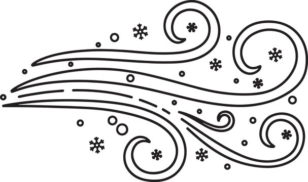 Decorative swirling wind pattern with snowflakes and dots isolated on transparent background