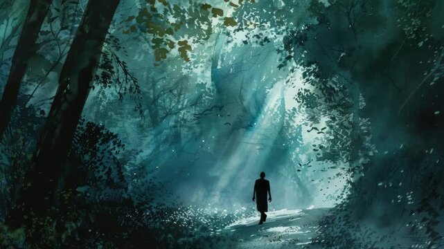 Lone figure walks through misty, sun-dappled forest path, bathed in ethereal light as dappled sunlight filters through dense canopy, creating sense of mystery and introspection amidst lush, verdant fo