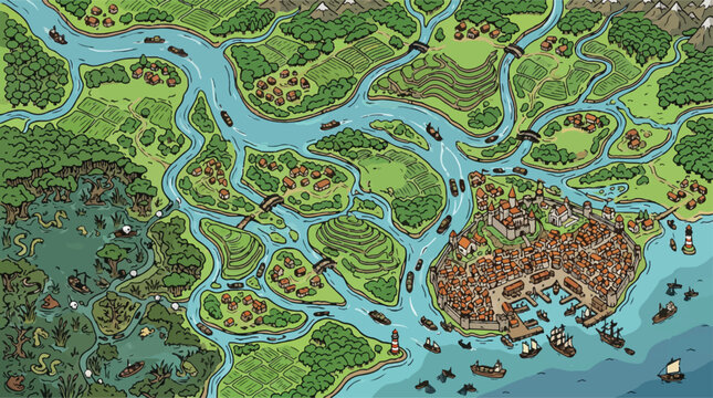 Vintage fantasy map vector, medieval coastal town illustration, hand drawn world map landscape