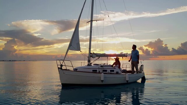 Mature couple, man and woman, enjoy sunset sail on yacht, gliding across calm sea under golden sky 