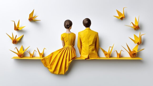A couple in matching yellow attire sits on a minimalist shelf surrounded by origami cranes, evoking themes of love, creativity, and harmony.