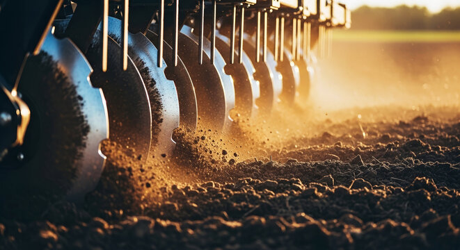 Tractor with heavy disk harrow working soil, showing powerful equipment in action with dust rising as it plows the land.