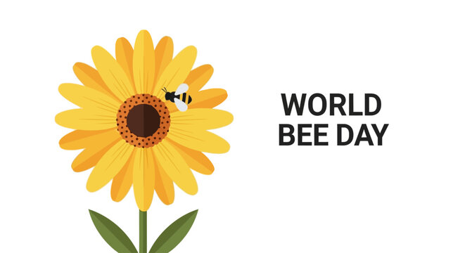 Celebrate World Bee Day with a cheerful sunflower and a buzzing bee illustration, promoting pollination and environmental awareness