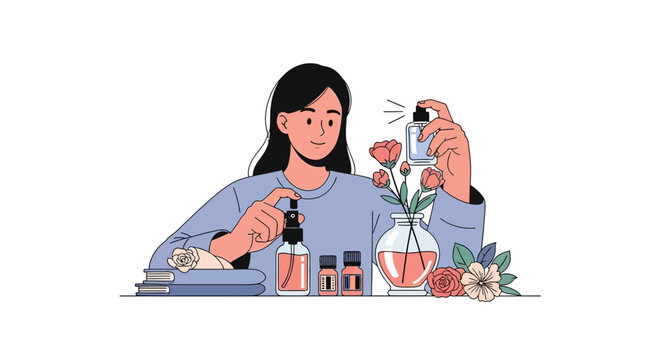 A young woman crafting artisanal perfume with floral ingredients. EPS Editable. Vector Illustrations.