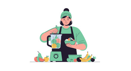 Naklejka premium A young woman making a healthy fruit smoothie in a blender. EPS Editable. Vector Illustrations.