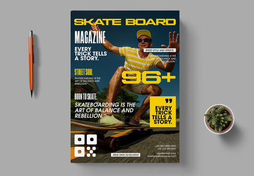 Dynamic Skateboarding Magazine Cover with  Urban Street Action Sports Design