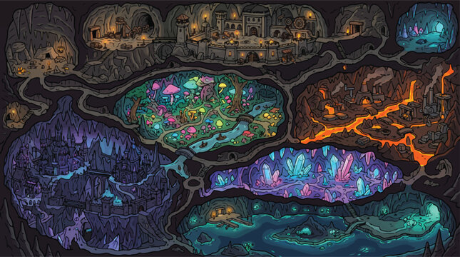 Fantasy underground map, subterranean world with lava and crystals, magical cave level design vector