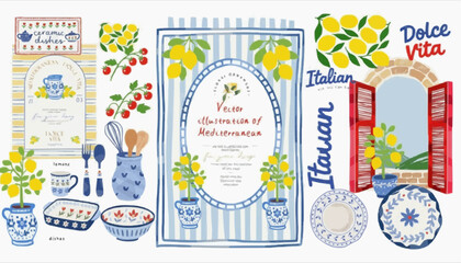 Fototapeta premium easter greeting card Mediterranean Summer Collection: Hand-Drawn Italian Illustrations with Lemons, Ceramic Pottery, and Floral Patterns