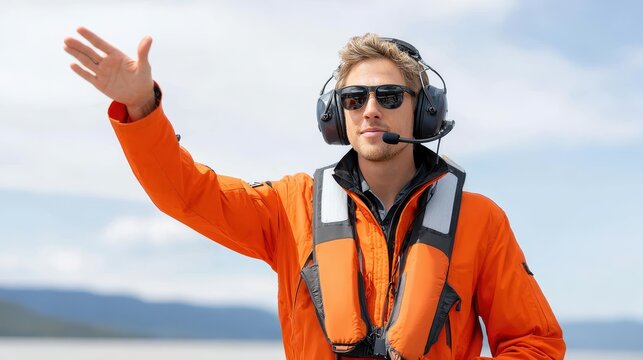 A man in an orange jacket and sunglasses gestures confidently, wearing a headset, suggesting communication and leadership in a maritime environment.
