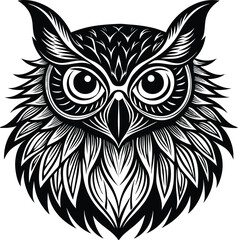 Obraz premium Intricate black and white illustration of an owl with detailed feather patterns and piercing eyes Vector, illustration