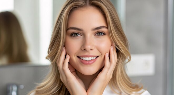 Beautiful young woman with clear skin and bright smile touching her face in a modern indoor setting perfect for skincare or beauty product advertisements