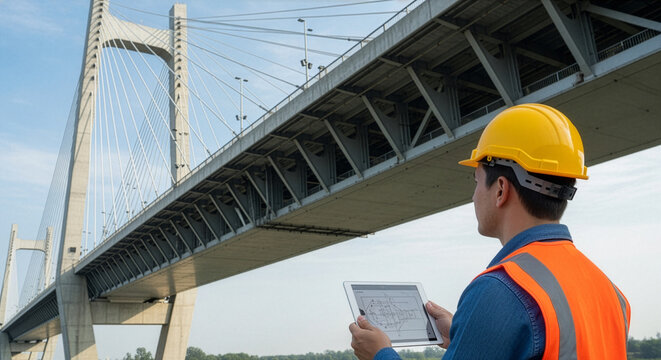 Civil engineer inspecting bridge structure using tablet for infrastructure safety, maintenance and structural analysis