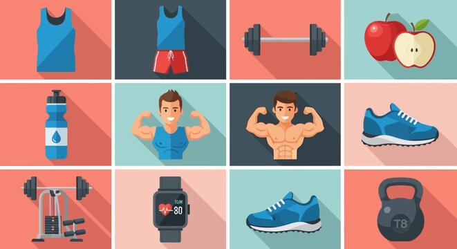 A vibrant digital vector flat lay composition presents essential fitness elements, including apparel, weights, workout routines, healthy food choices, and smartwatch accessories. This imager