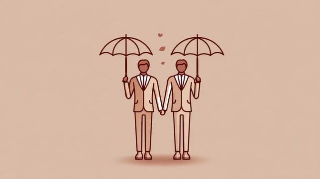 Two men holding hands under umbrellas, surrounded by hearts, symbolizing love and partnership in a minimalistic design.