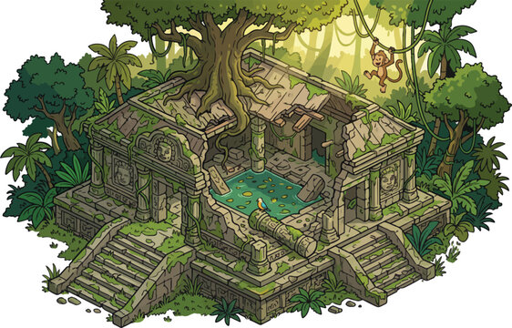 Ancient jungle temple ruins, overgrown stone ruins with monkey, tropical forest vector illustration
