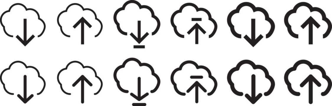 Download icon set, professional vector illustration of save, install, and file transfer symbols.Cloud download and install graphics, clean line and flat style ico
