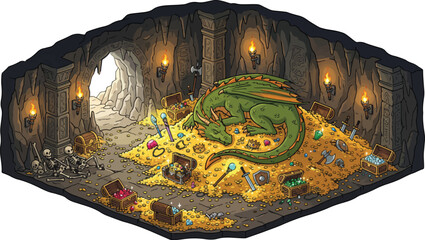 Fantasy dragon treasure cave, green dragon sleeping on gold coins, isometric dungeon vector art © xantii