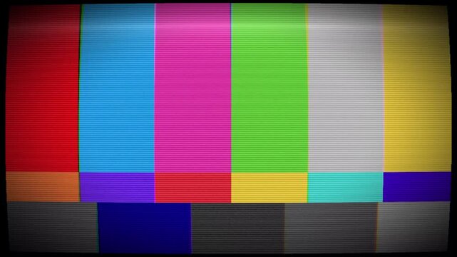 Classic analog TV broadcast signal loss display with vibrant color test pattern
