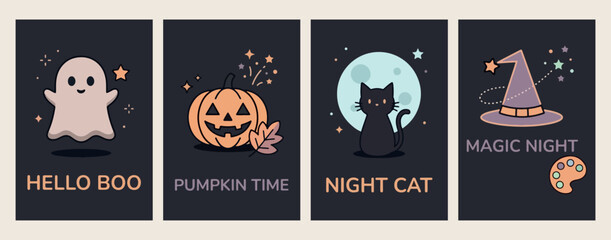 Happy halloween pumpkin art, black cat night illustration, minimalist holiday animal poster, creative october party graphics, aesthetic pumpkin time vector, spooky cat symbol design, halloween night b © Geetaroy