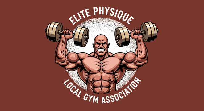 Illustration of a muscular bodybuilder lifting heavy dumbbells overhead, emblem for a local gym association, Elite Physique theme, vintage style, sports logo design, fitness concept on a red