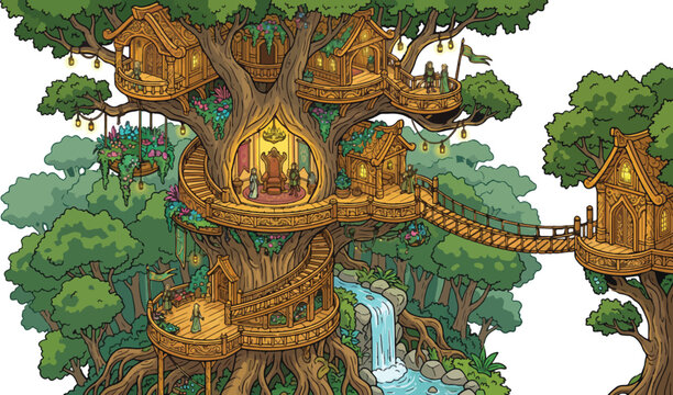 Fantasy treehouse village vector, magical forest kingdom, wooden elven dwellings in giant tree