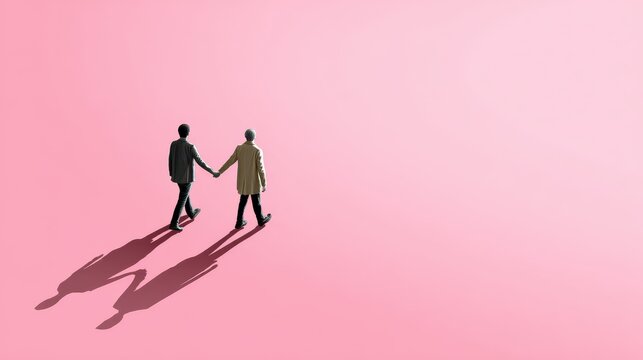 Two figures walk hand-in-hand against a soft pink background, casting long shadows, symbolizing connection and companionship.